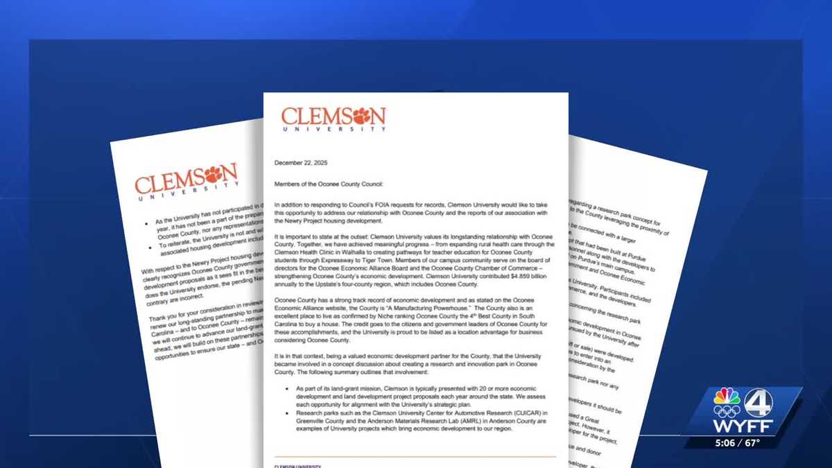 Clemson University letter to Oconee County Council addresses concerns over Newry project