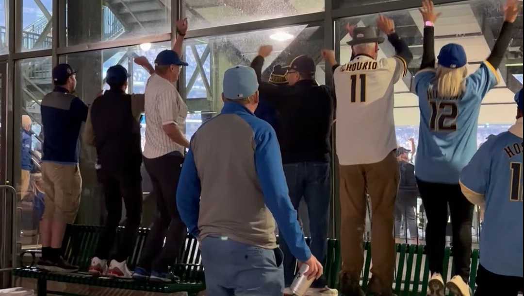 Brewers fans continue to watch World Series through stadium windows at American Family Field