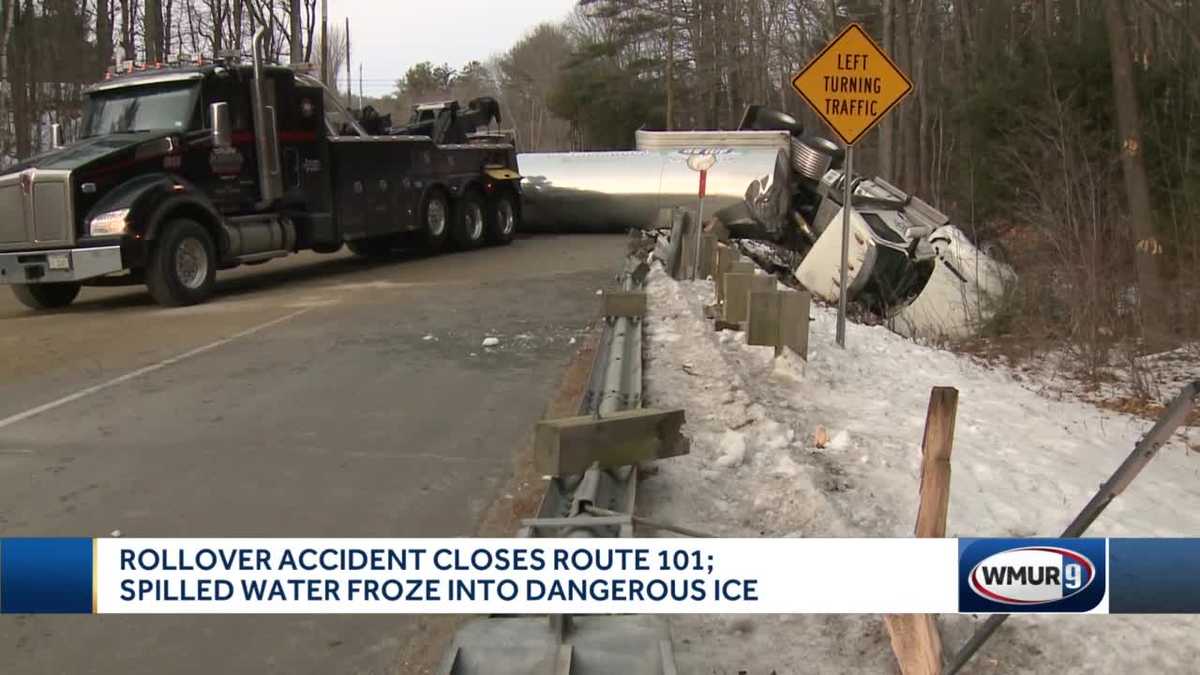 Both sides of Route 101 closed in Wilton, NH, after water tanker rolls over