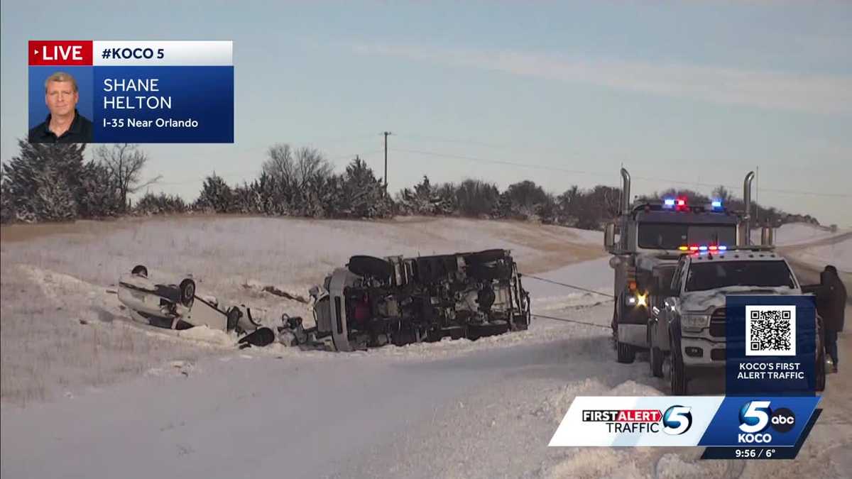 Truck rolls over onto another vehicle during crash on snow-covered I-35 in Oklahoma