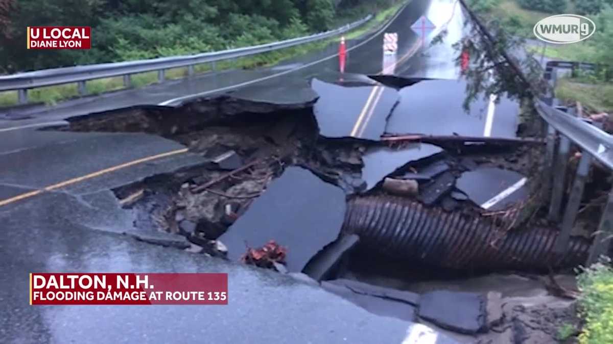 Raw video: Flooding damage at Route 135 in Dalton, New Hampshire
