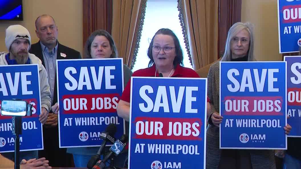 Whirlpool workers protest layoffs at Iowa Statehouse