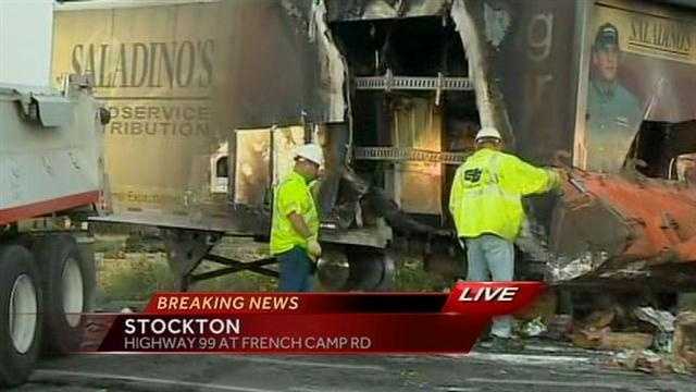 Big rig catches fire on Highway 99 in Stockton
