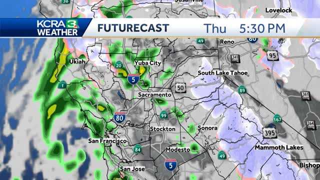 Rain and snow moving across Northern California