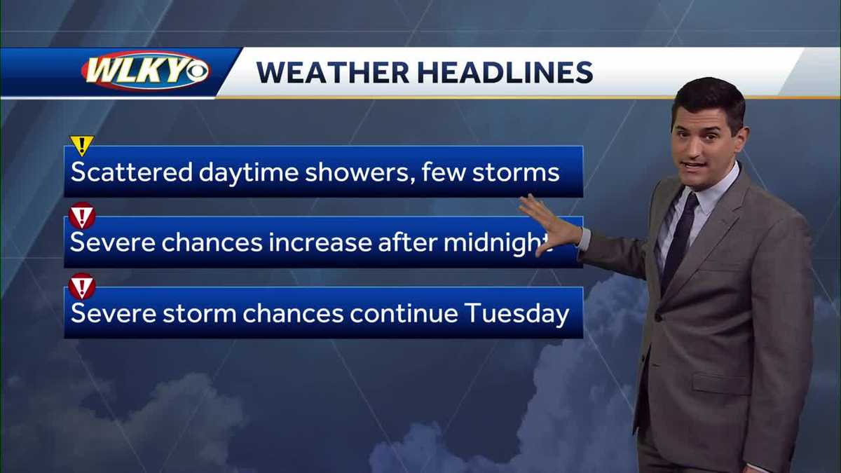 Scattered showers Monday, Severe storms possible late tonight