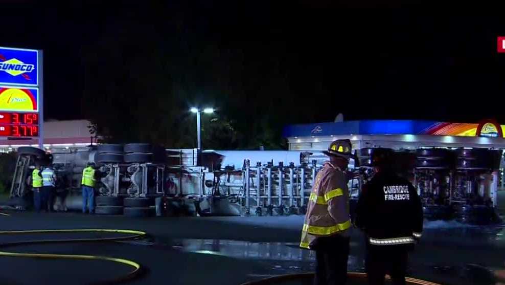 Fuel leaks onto roadway after tanker rollover in Revere