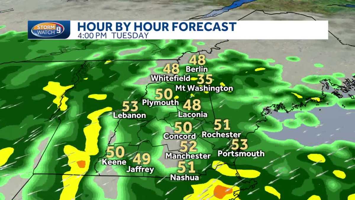 New Hampshire hourly weather Rainy on Monday and Tuesday