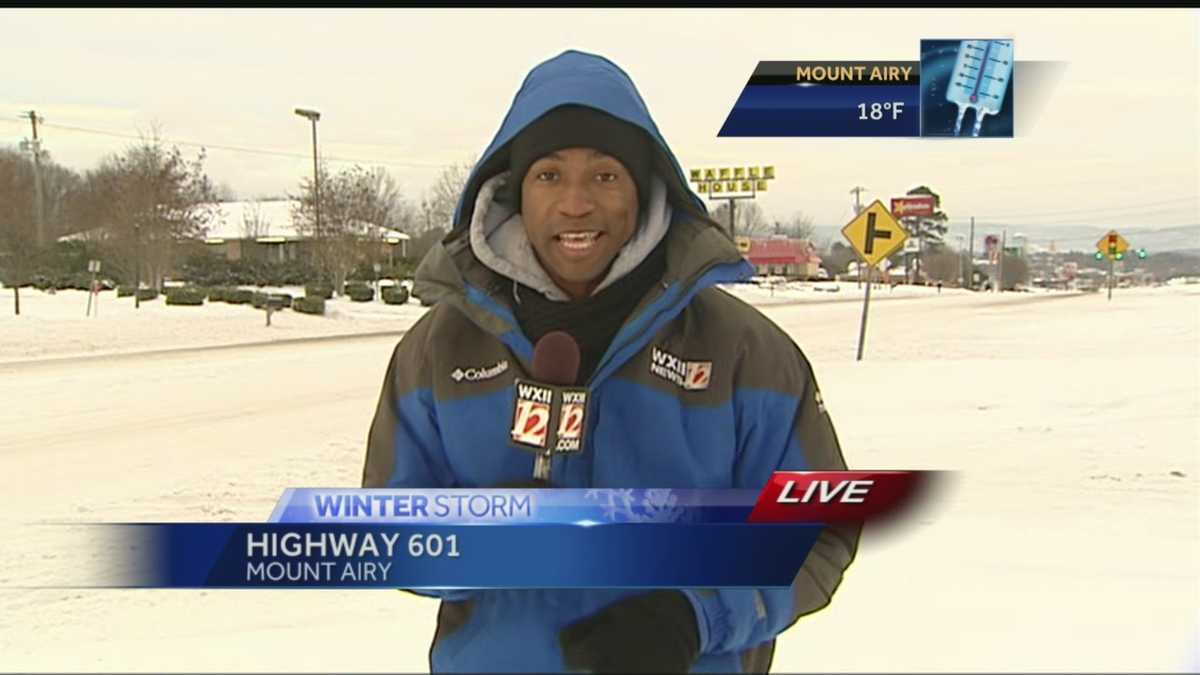 Snowfall in Mount Airy and slick road conditions