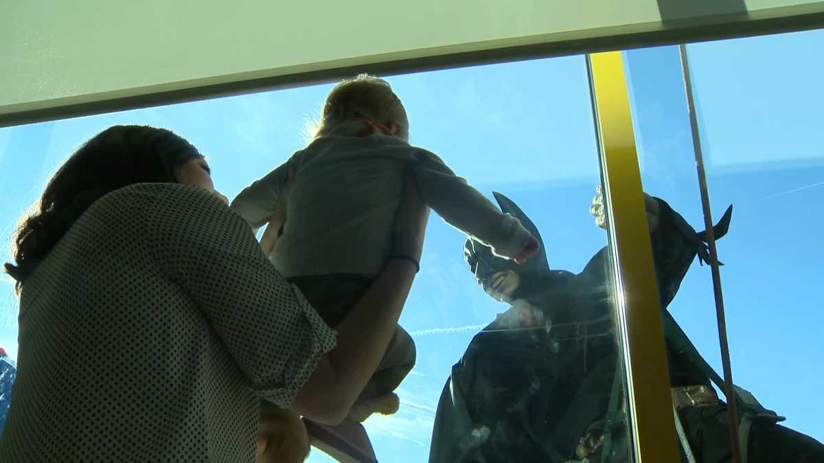Superhero window-washers thrill kids at Children's Hospital of Pittsburgh