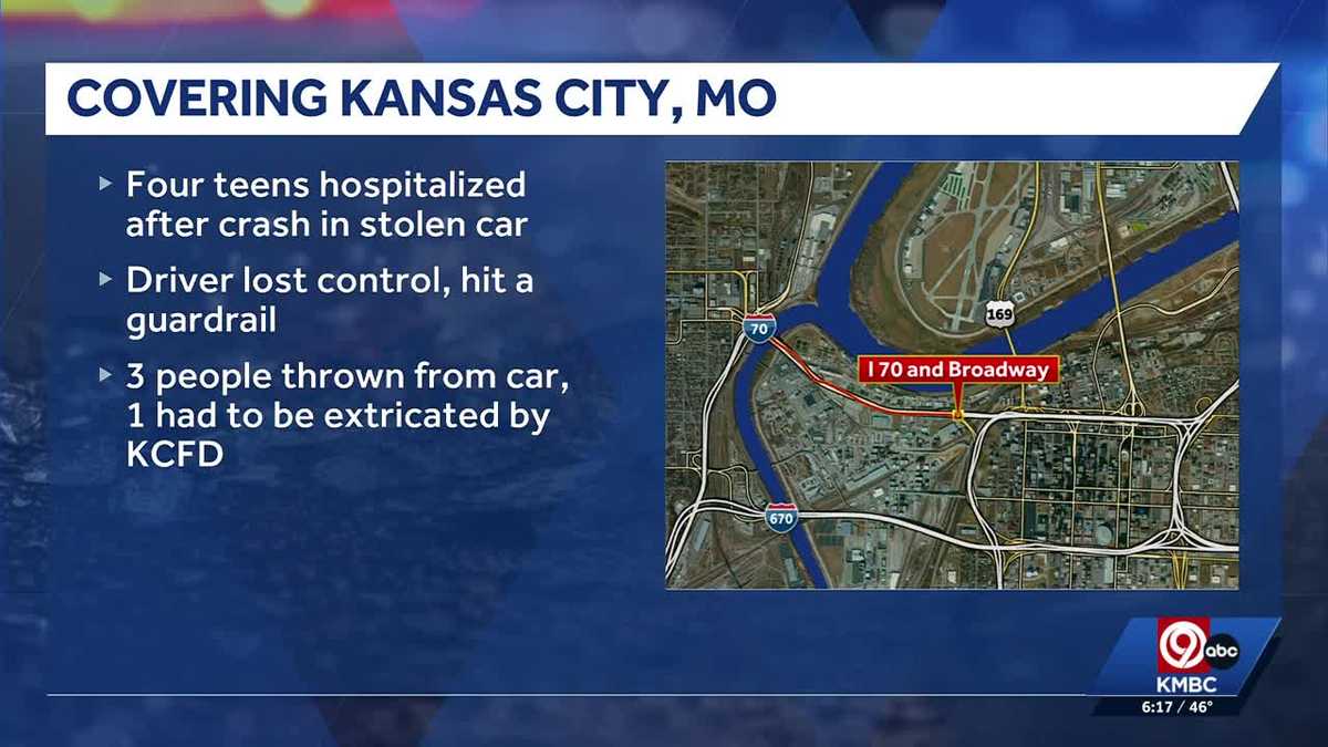 Four teens injured in stolen Kia rollover crash on I-70 in Kansas City