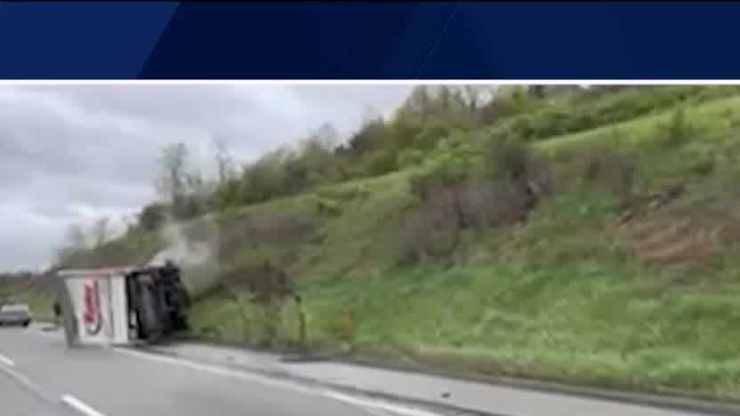 Truck on its side following crash on Pennsylvania Turnpike