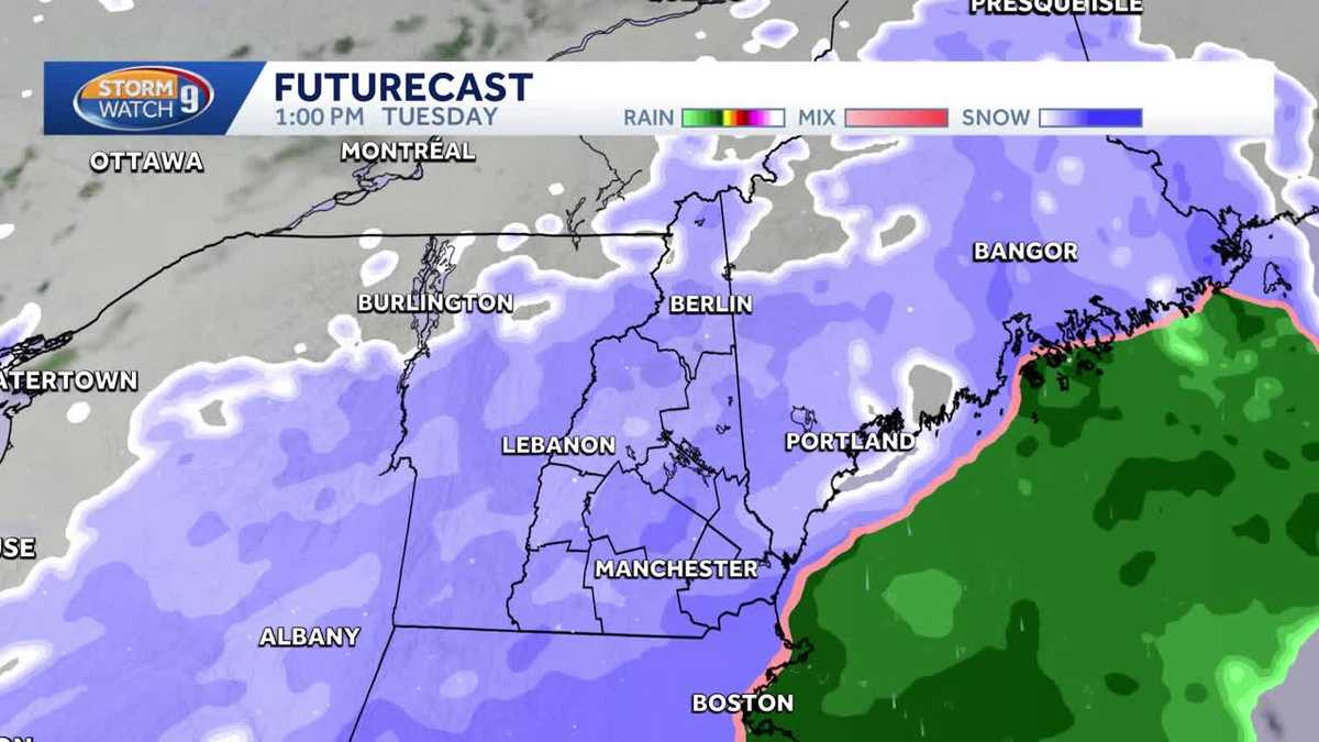 Hour-by-hour forecast of plowable snow moving into New Hampshire