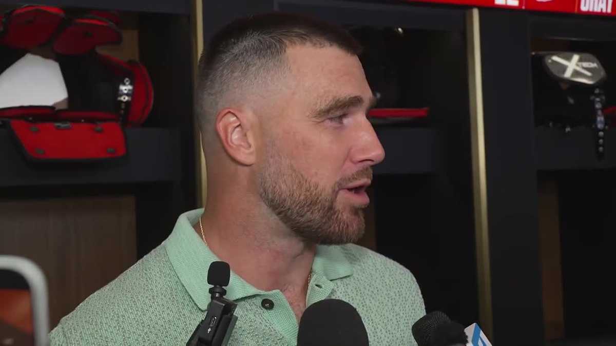 Chiefs tight end Travis Kelce speaks to reporters after Monday's 31-10 win over Denver