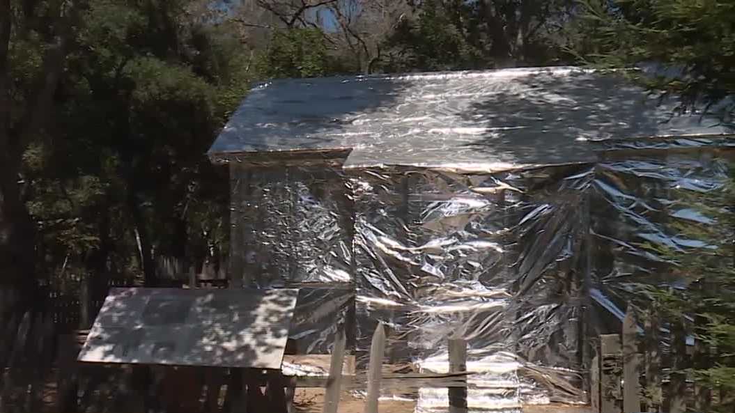 Firefighters wrap 1884 Pfieffer Homestead Cabin in fire-resistant material as wildfires burn
