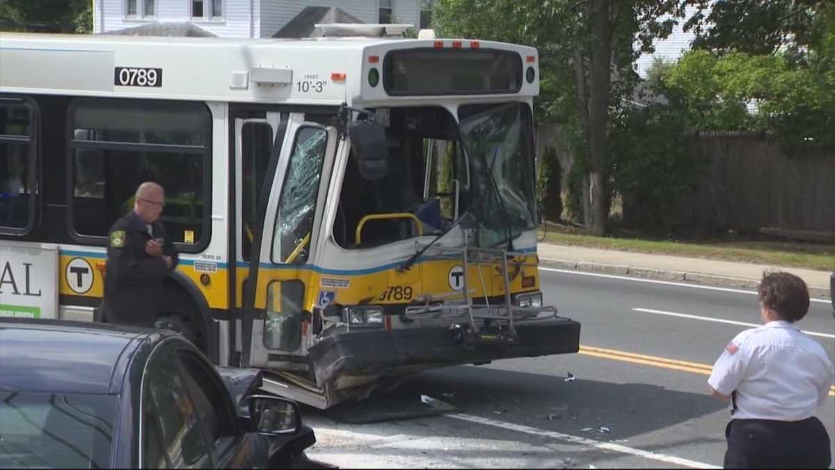 Caught on video: Car slams into MBTA bus, 18 injured