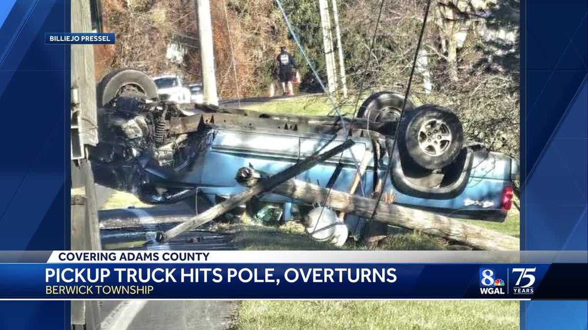 Pickup truck flips onto roof after crashing into pole in Adams County, Pa.