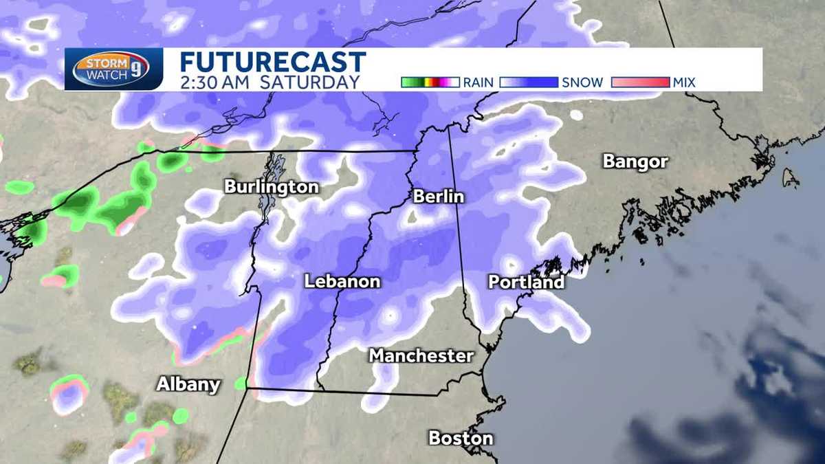 New Hampshire hourly snow timeline for early Saturday morning