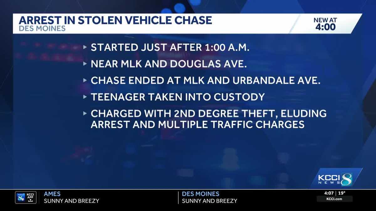 Teen arrested after police chase in stolen car through Des Moines
