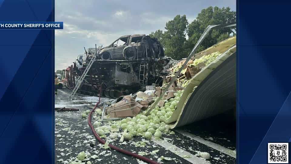 Picture shows cabbage spilled onto highway during fiery crash