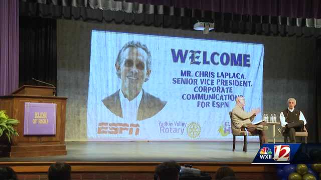 "It's important to pay it back": Former ESPN executive pays Elkin High School students a visit during a special school assembly