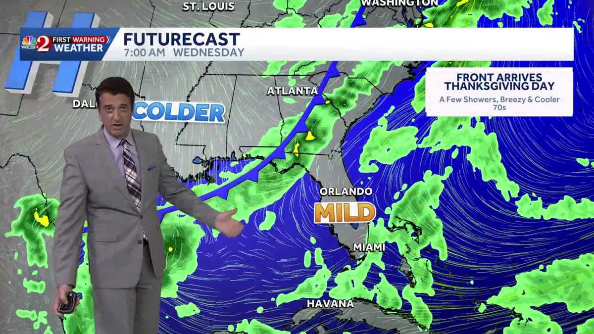 Warm through Wednesday, cooler on Thanksgiving with a few showers