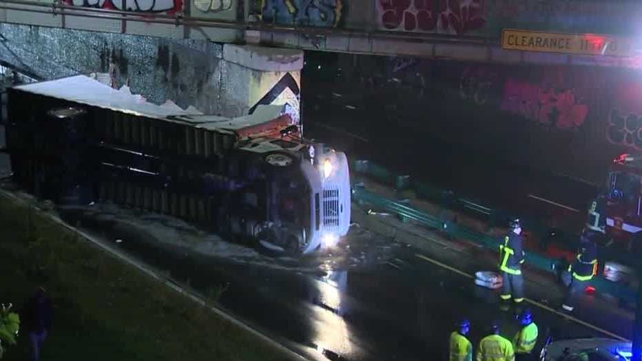 Truck rollover blocks traffic on Storrow Drive