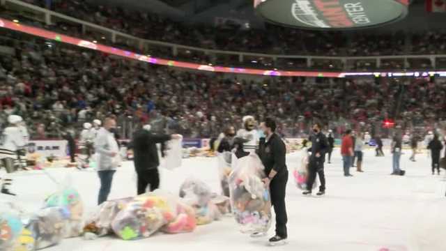 WATCH: More than 50,000 stuffed animals thrown onto ice at hockey game