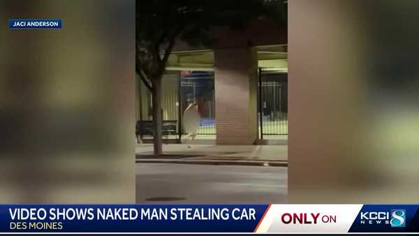 video shows naked des moines man running down court avenue, stealing car