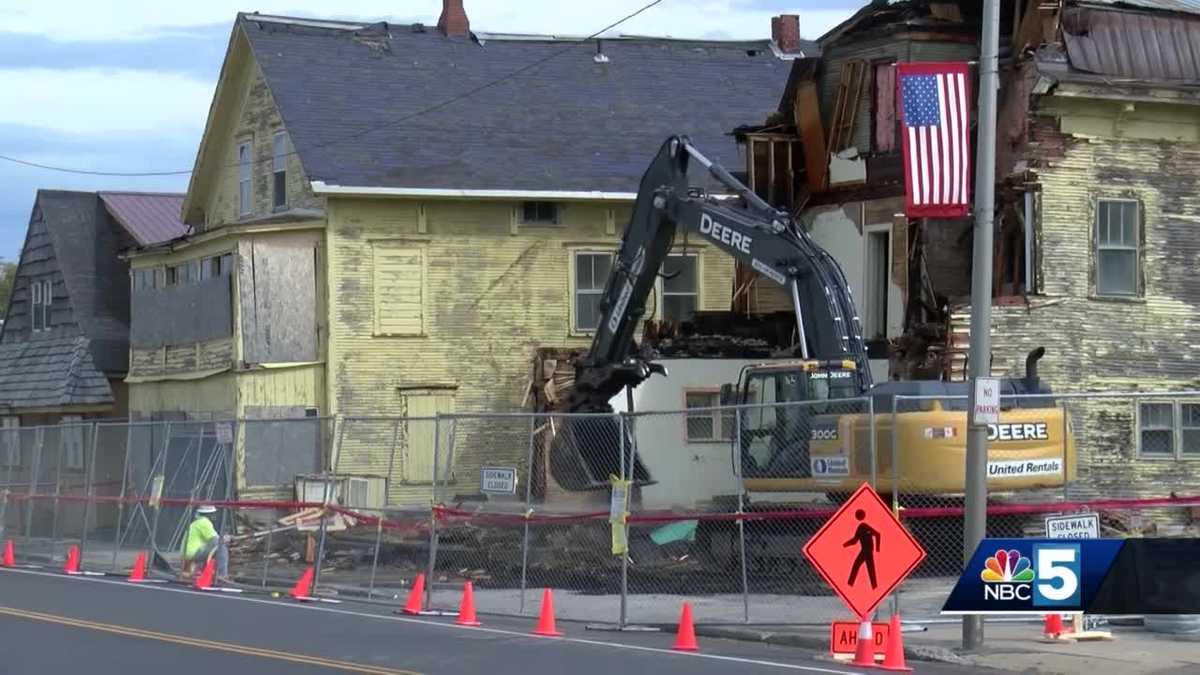 Yellow buildings in Dannemora being demolished