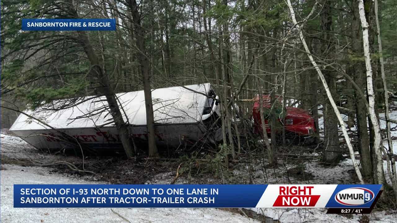 Tractor-trailer crashes into woods off I-93 in Sanbornton