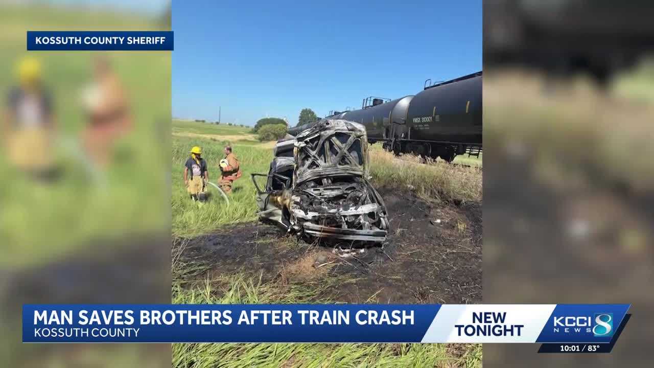 Man pulls 2 teens from burning car after train crash
