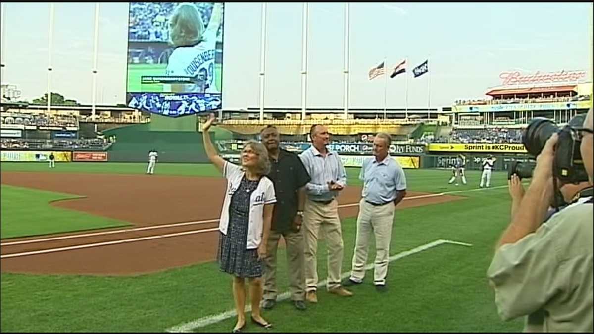 The Kansas City Royals' Franchise Four celebration including a ceremonial  first pitch by, from left, Janie Quisenberry Stone the widow of Dan  Quisenberry, Frank White, Bret Saberhagen and George Brett, before action  against against the Detroit Tigers a