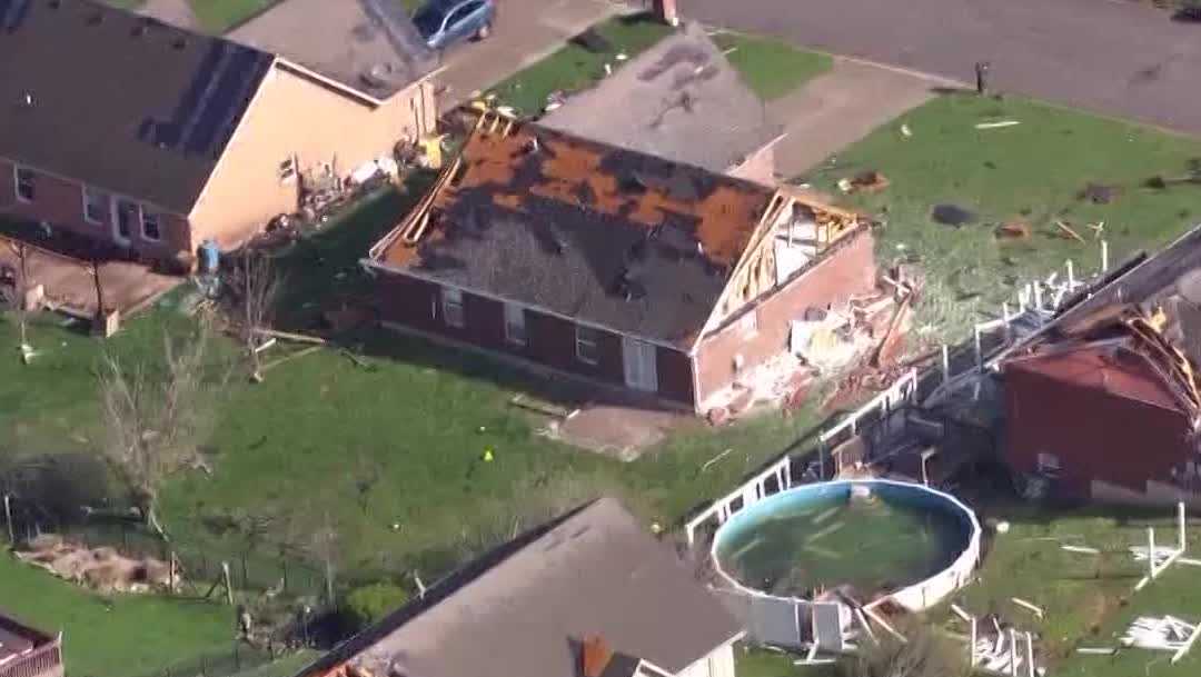 Aerial video shows extensive damage from storms across Indiana, Kentucky