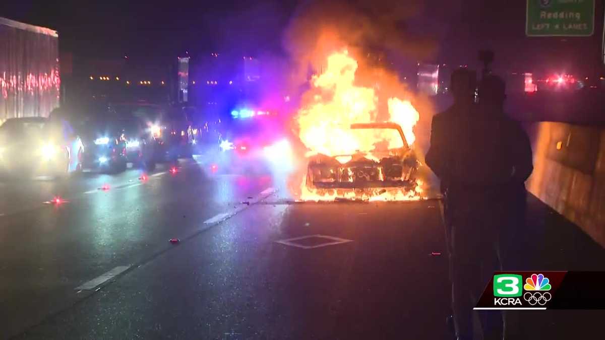 Heavy traffic jam on I-5 in Sacramento after truck accident and car fire