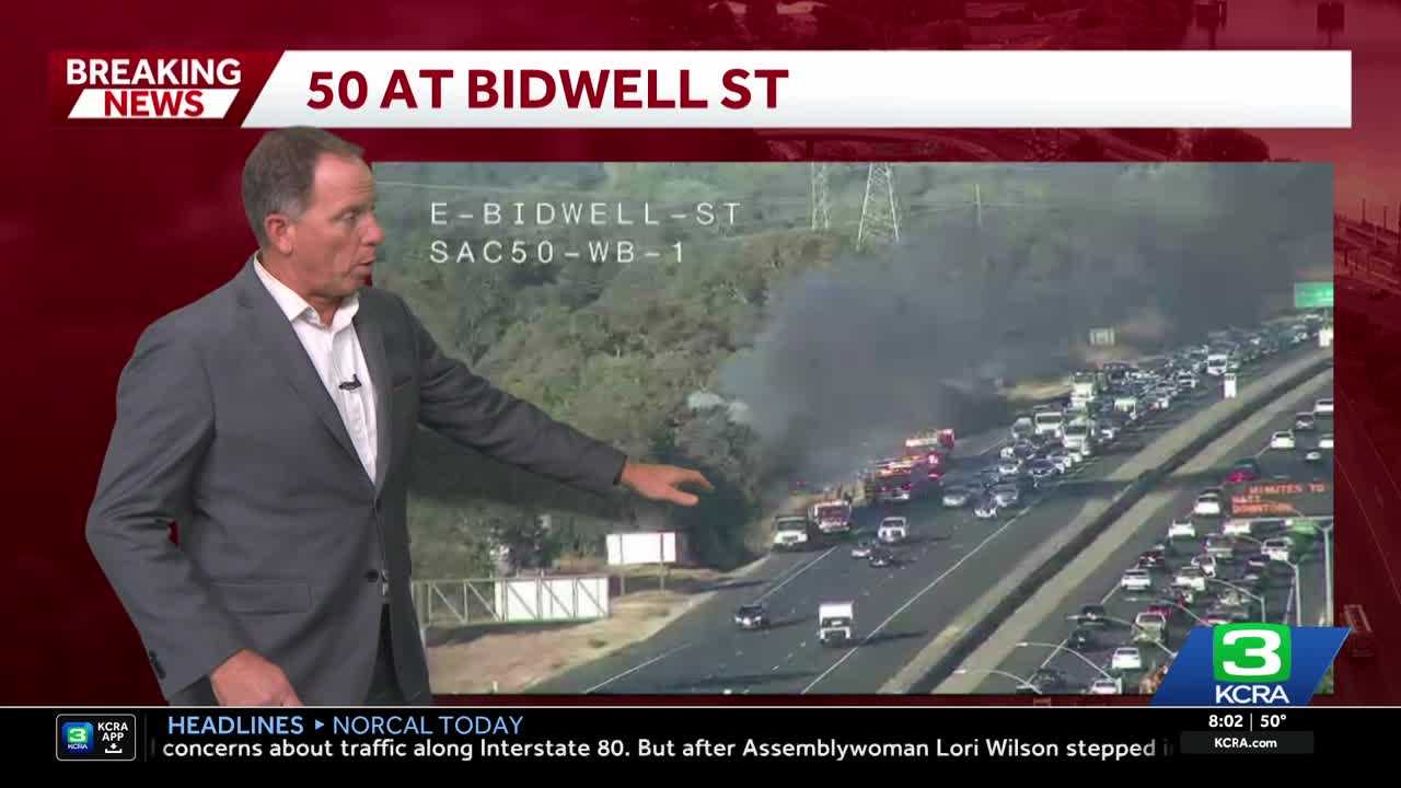 Highway 50 delays in Folsom after vehicle goes off roadway, sparks grass fire