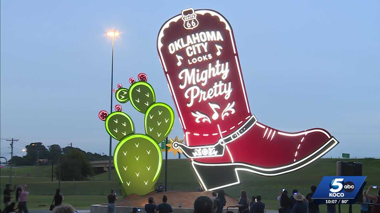 Oklahoma City lights up giant cowboy boot sculpture as part of Route 66 centennial