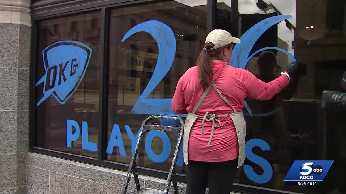 Oklahoma City artist returns with Thunder-themed window art for NBA playoffs