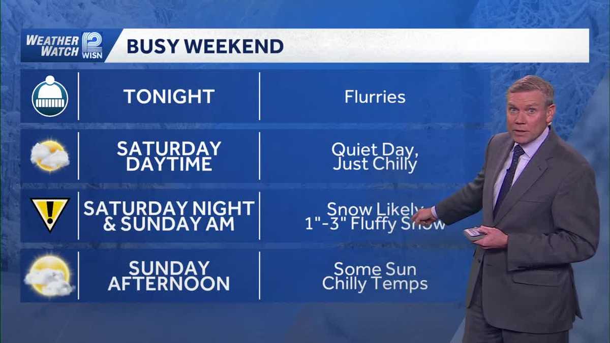 Flurries for Friday night. 1 to 3 inches of snow on Saturday night in SE Wisconsin