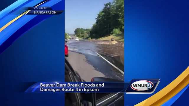 Beaver dam break floods, damages Route 4 in Epsom 