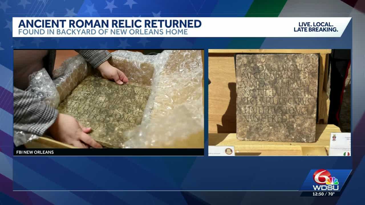 An ancient relic found in a New Orleans backyard has returned to Rome
