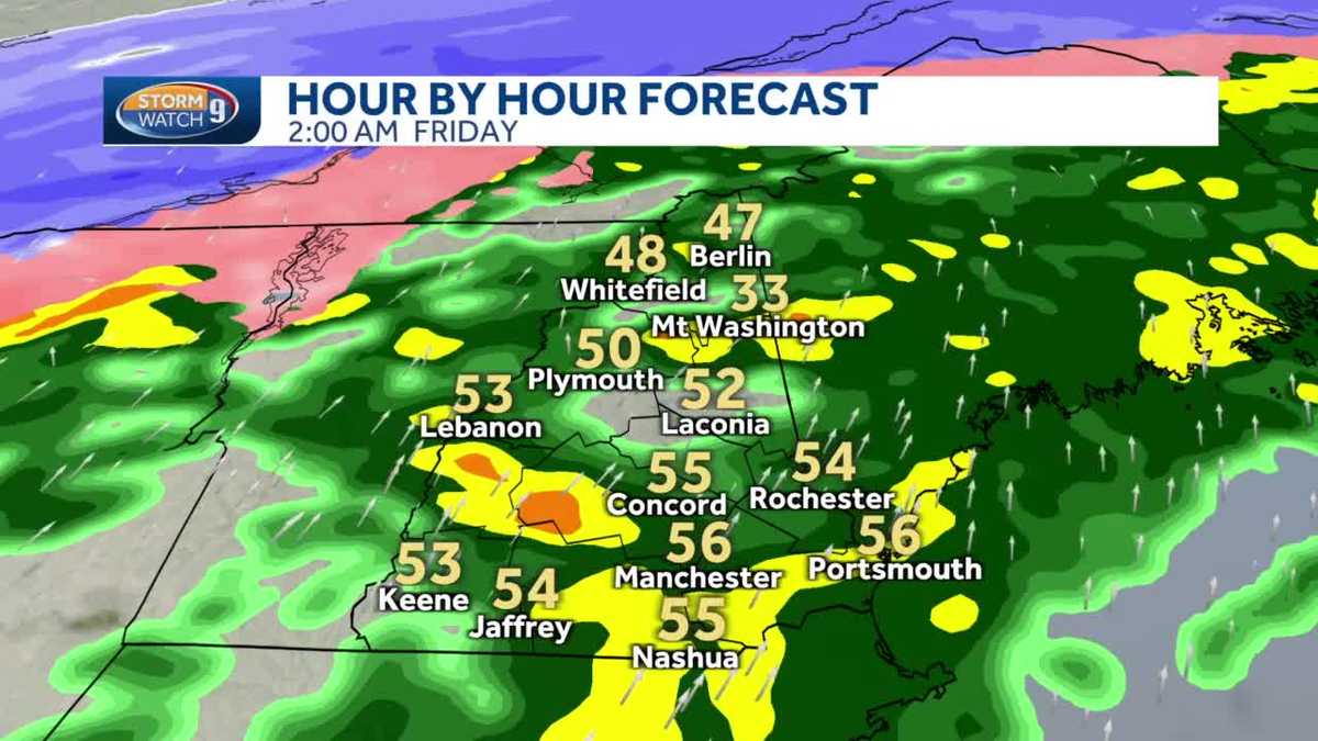 New Hampshire hourly weather: Heavy rain to push through