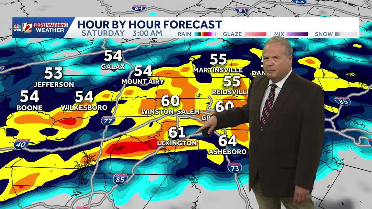 Off and on rains will occur Saturday with isolated thunder possible. Dry and Cooler Sunday, Monday