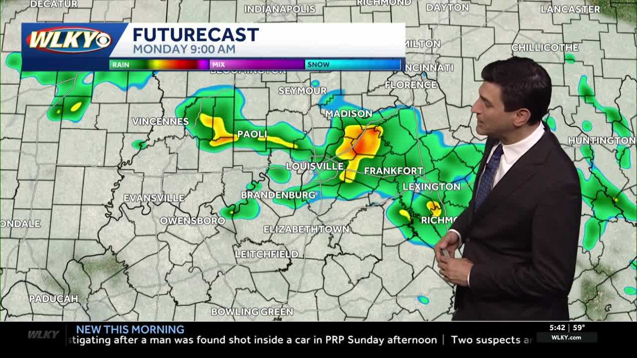 Showers and storms, then breezy, warmer Monday