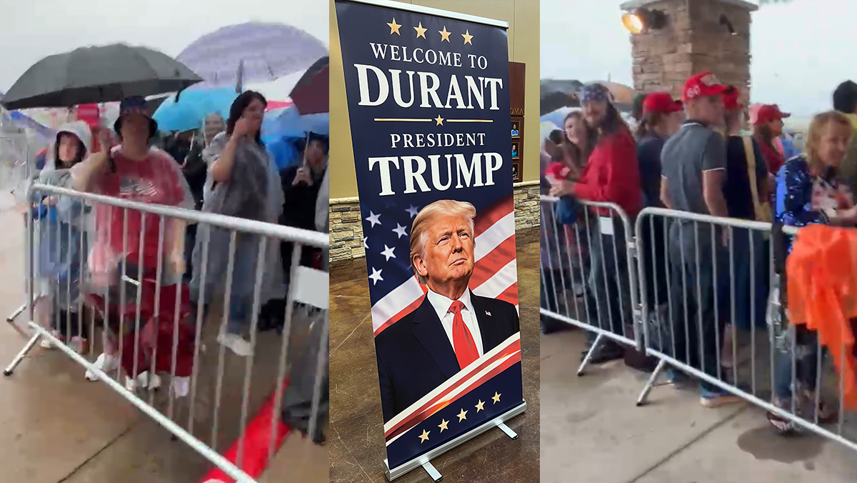 Supporters wait in the rain hours before President Trump speaks at Oklahoma rally