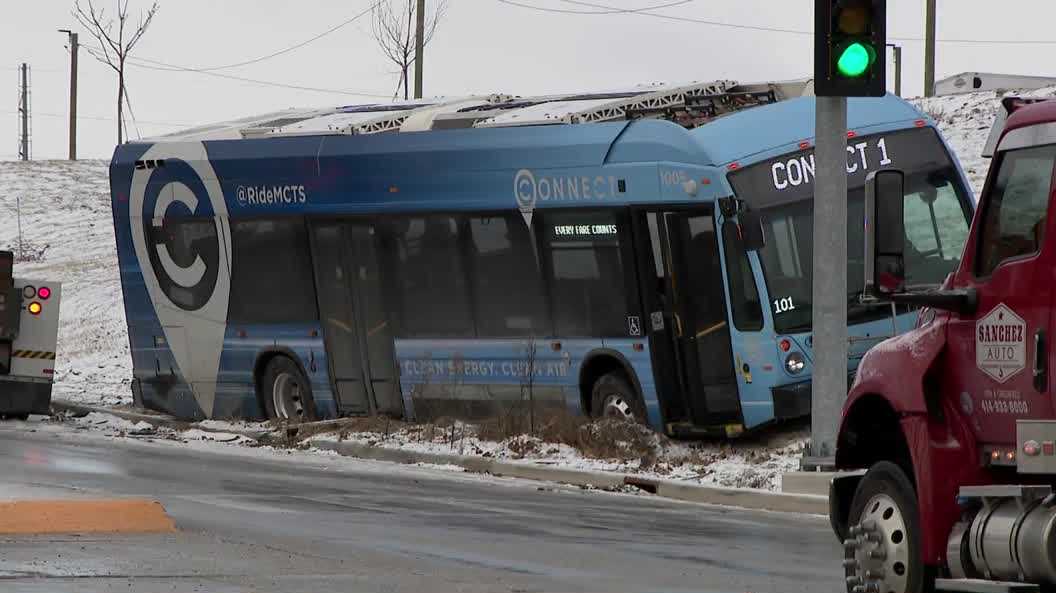 MCTS bus slides on icy street, crashes into two parked cars in Wauwatosa