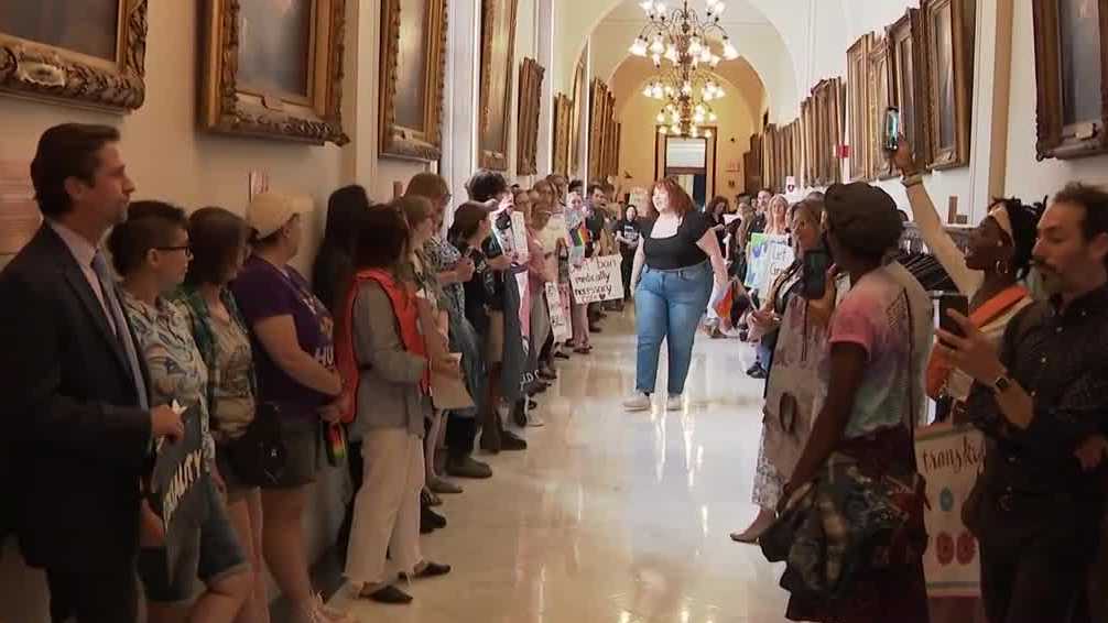 Protesters gather outside governor's office to urge veto of trans bills