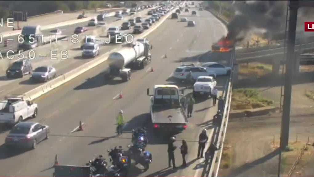 Traffic delays after crash, vehicle on fire on Highway 50 in Sacramento