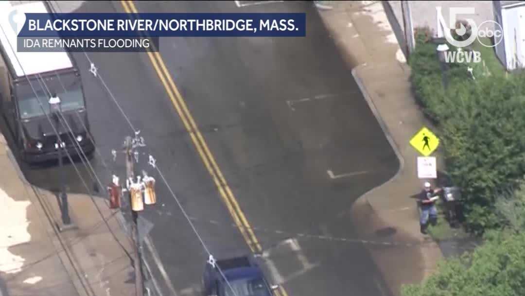 Sky 5: Ida's torrential rains flood yards, homes; Blackstone River swells