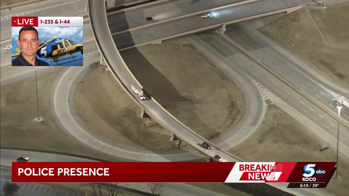 Sky 5 shows law enforcement presence along I-235 on-ramp to I-44