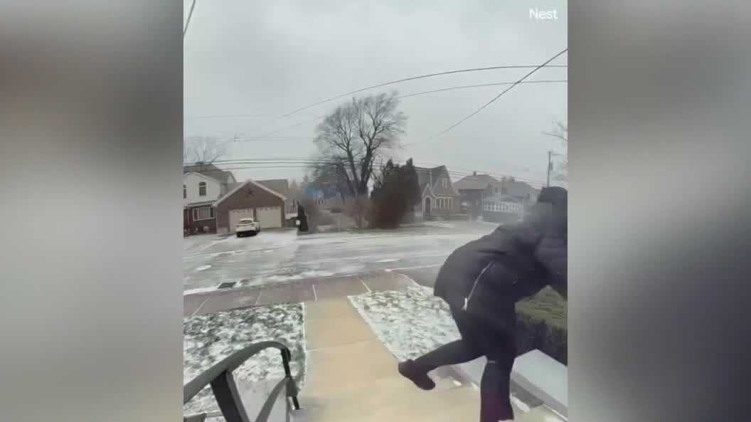 Wild video shows New York woman lifted off her feet by strong wind gusts
